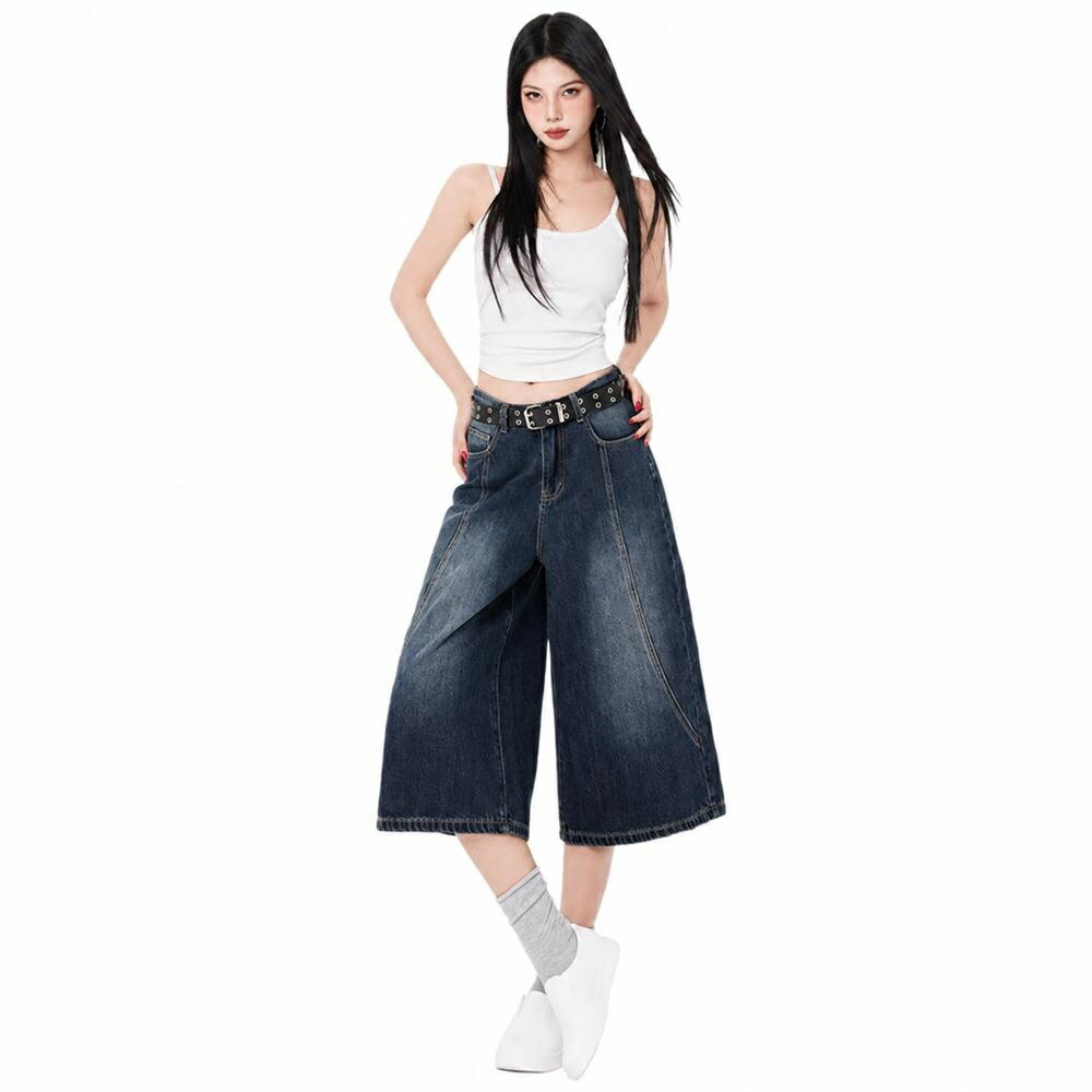 デニムパンツ レディース 七分丈 ワイドパンツ ストリート系 ヴィンテージ風 ウォ...