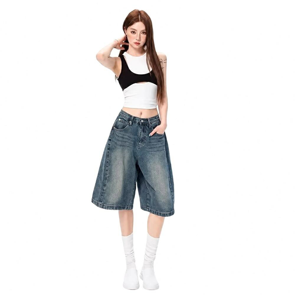 デニム ハーフパンツ レディース 膝丈 ワイド ショートパンツ ゆったり 体型カバー クロップドパンツ ヴィンテージ風 ジーンズ 半ズボン カジュアル ストリート おしゃれ 夏 バミューダパンツ ハイ