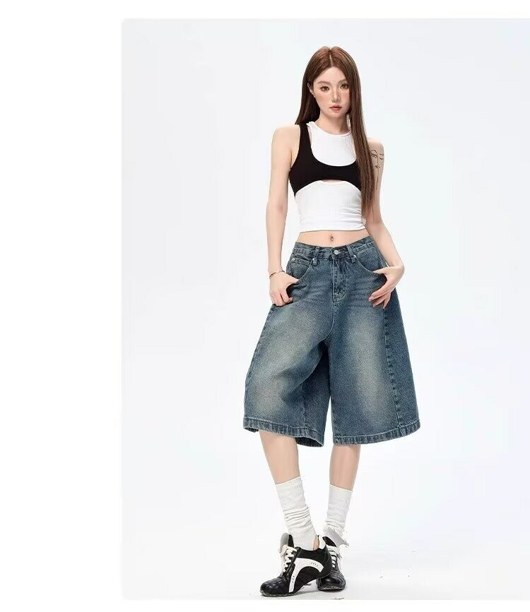 Nartoostonのデニム ハーフパンツ レディース 膝丈 ワイド ショートパンツ ゆったり 体型カバー クロップドパンツ ヴィンテージ風 ジーンズ 半ズボン カジュアル ストリート おしゃれ 夏 バミューダパンツ ハイ｜アングル3