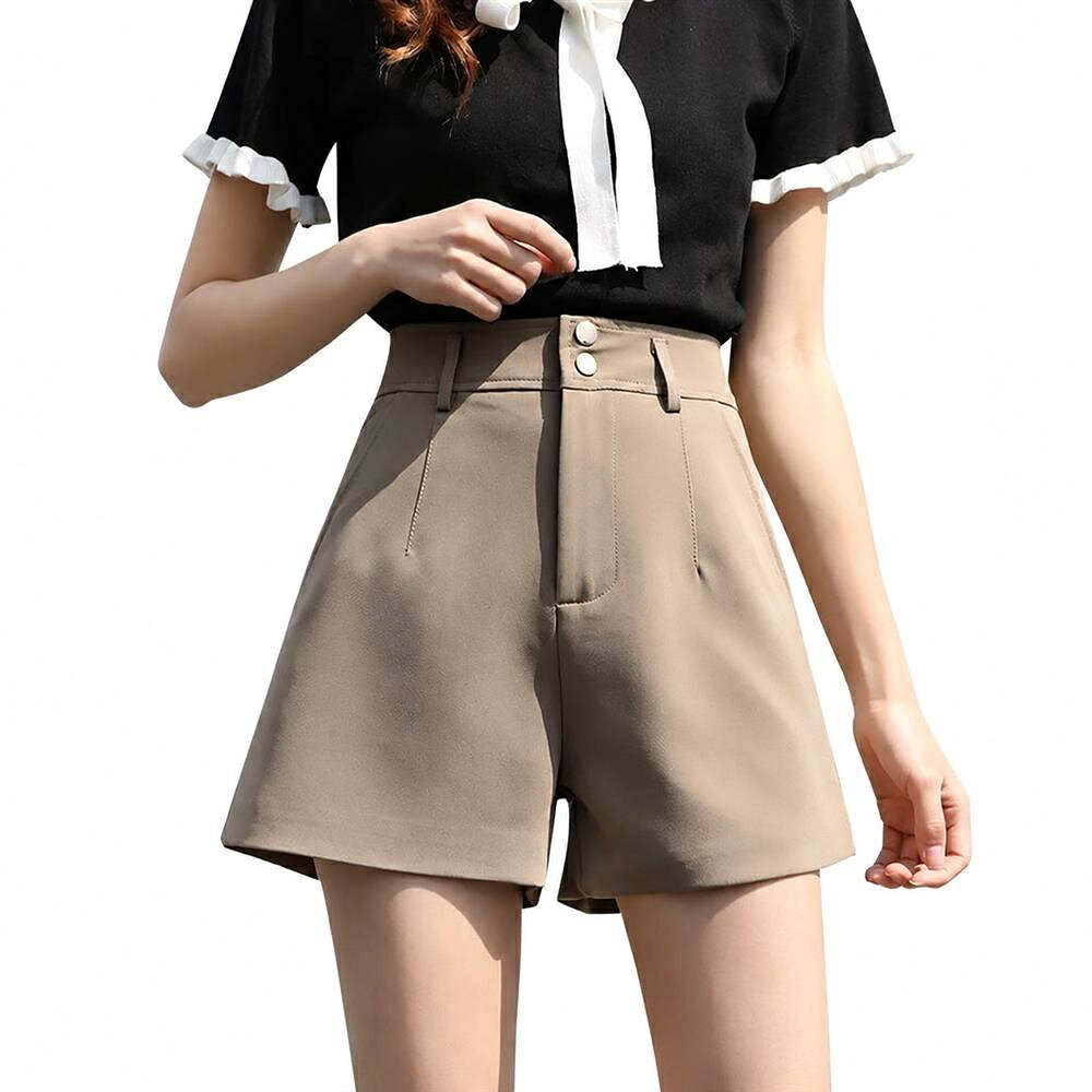 ショートパンツ レディース ハイウエスト 短パン きれいめ 通勤 オフィス カジュアル 美脚 着痩せ 体型カバー 夏 さらさら スーツ生地 タック入り センタープレス ボトムス 台形パンツ