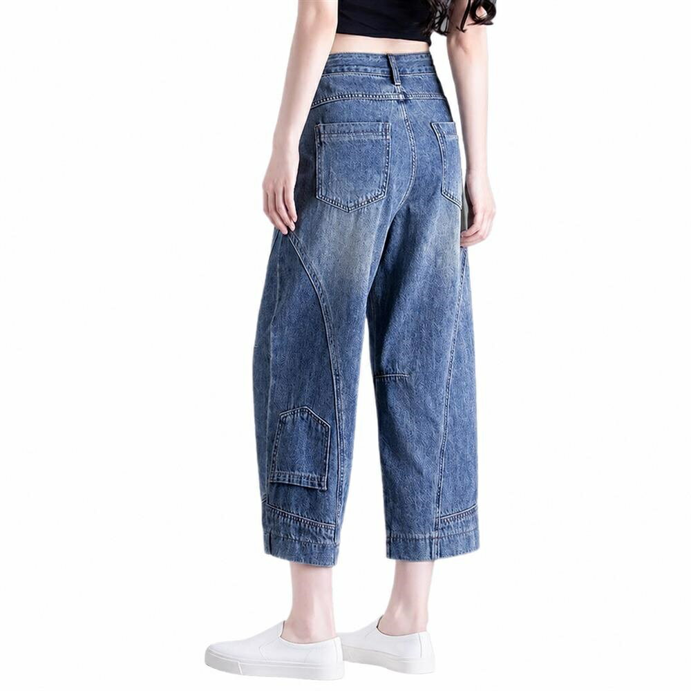 デニムパンツ レディース ワイドパンツ 夏 8分丈 カーブパンツ 切り替え デザイン ヴィンテージ風 カジュアル ハイウエスト 体型カバー ゆったり 涼しい こなれ感 美脚