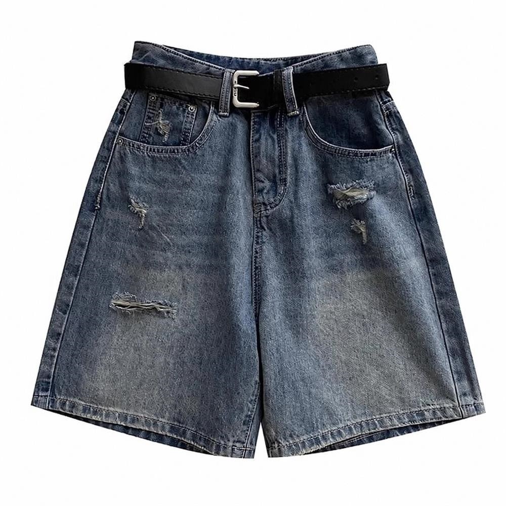 デニムショートパンツ レディース ハーフパンツ ダメージ加工 ハイウエスト ワイドパンツ 膝丈 ゆったり クラッシュ ジーンズ 5分丈 カジュアル 体型カバー 着痩せ おしゃれ 夏 ジーパン