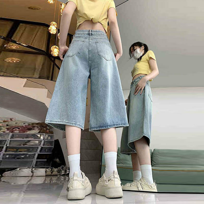 デニム ワイドパンツ レディース 七分丈 ハイウエスト ガウチョパンツ ゆったり ジーンズ ストレート 膝丈 ハーフパンツ 体型カバー 着痩せ 大きいサイズ ボトムス カジュアル ストリート 夏 綿 2