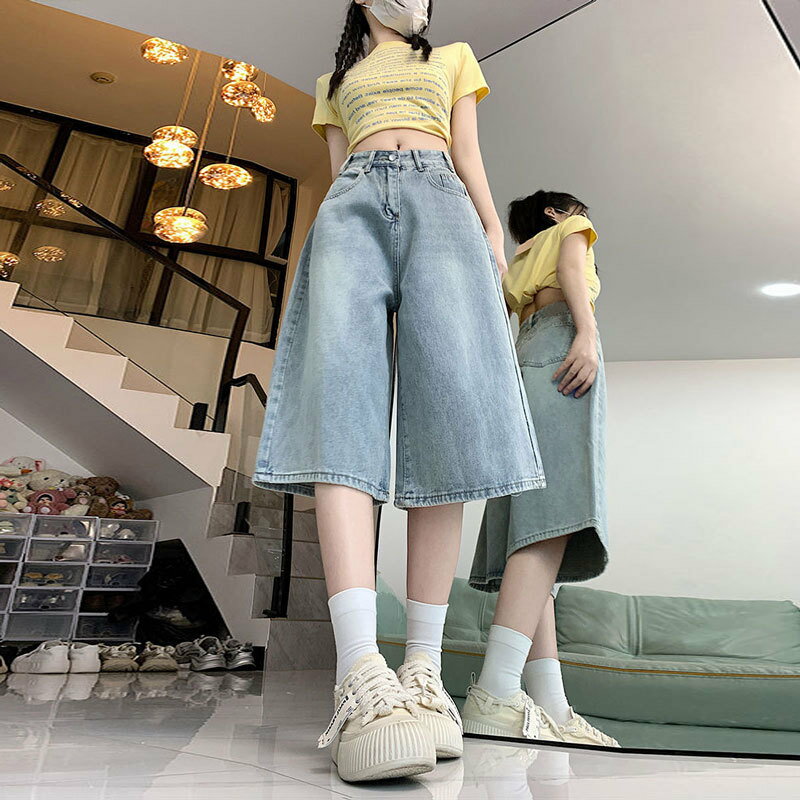 デニム ワイドパンツ レディース 七分丈 ハイウエスト ガウチョパンツ ゆったり ジーンズ ストレート 膝丈 ハーフパンツ 体型カバー 着痩せ 大きいサイズ ボトムス カジュアル ストリート 夏 綿 3