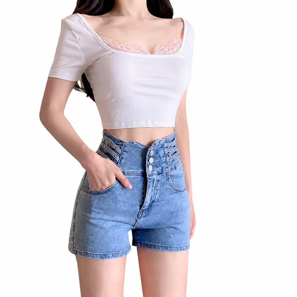 Rakuten - ショートパンツ レディース デニム ハイウエスト 美脚 脚長 着痩せ ホットパンツ ストレッチ 3連ボタン サイドデザイン カジュアル 快適 ズボン 無地 夏