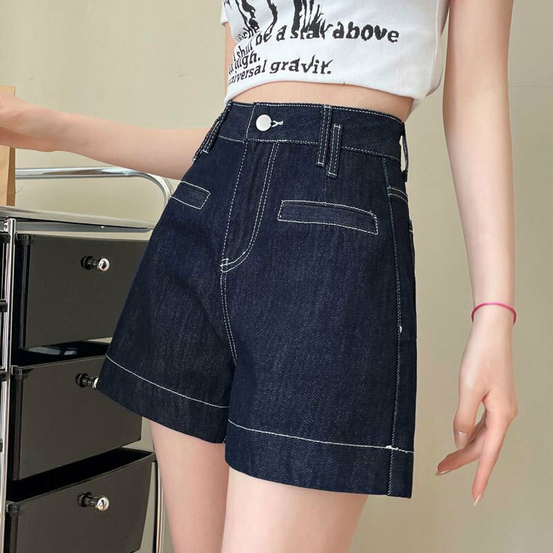ショートパンツ レディース デニム ハイウエスト Aライン ステッチ デザイン ゆっ...