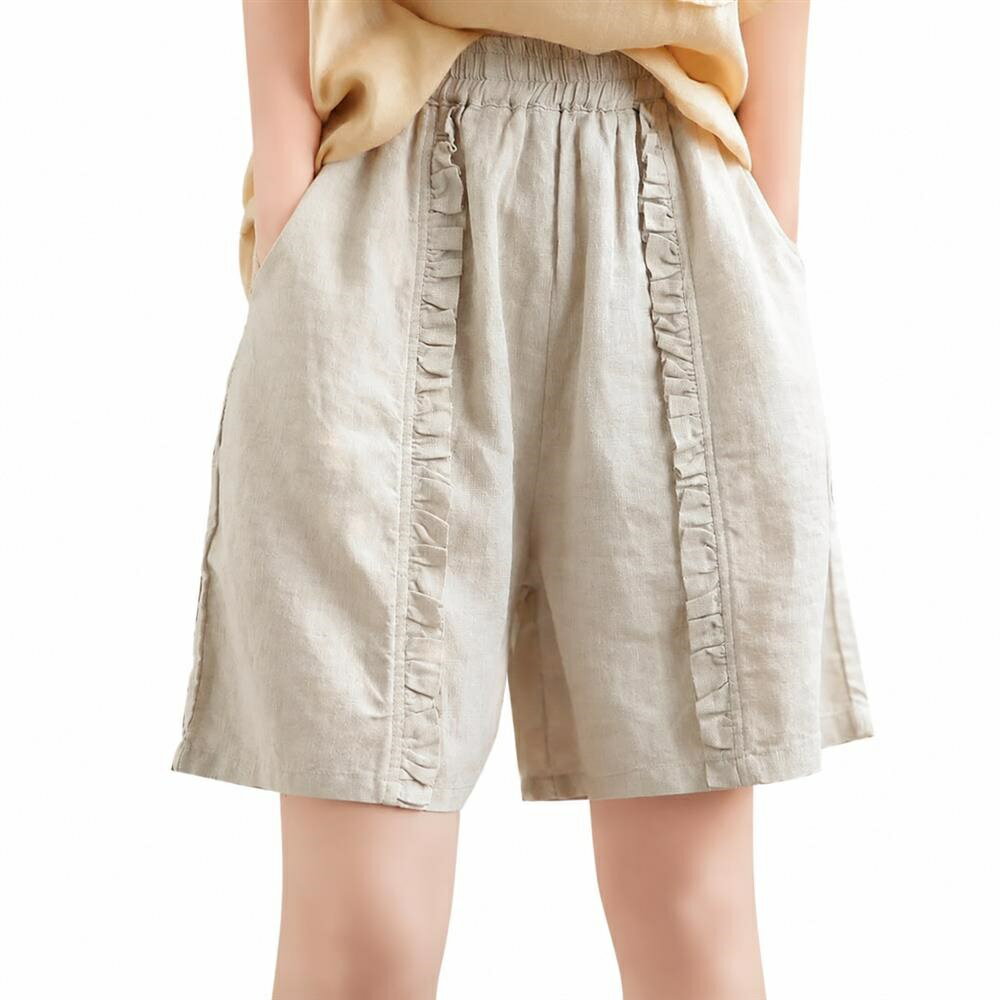 Rakuten - ハーフパンツ レディース 夏 膝丈 ワイドパンツ 綿麻混 ギャザー ウエストゴム ゆったり カジュアル 体型カバー 涼しい ボトムス ショートパンツ 5分丈 無地 ナチュラル リネン 快適 通気性 部