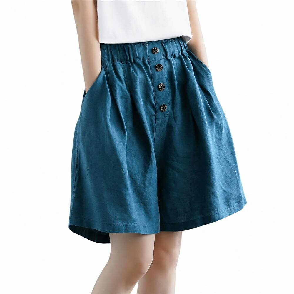 ショートパンツ レディース ハーフパンツ ハイウエスト 綿麻 ワイドパンツ 膝上 キュロット ウエストゴム 体型カバー 着痩せ 涼しい カジュアル 5分丈 ボトムス 夏 短パン ナチュラル 無地 ボタ