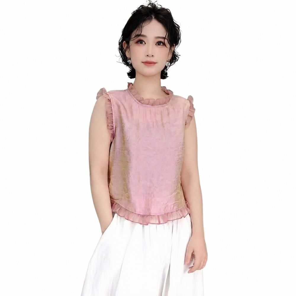 樂天商城 - ブラウス ノースリーブ レディース 夏 フリルネック ジャガード シアー トップス きれいめ 上品 フェミニン オフィス 通勤 お出かけ 涼しい 体型カバー 立ち襟 華やか カジュアル フォーマル 透