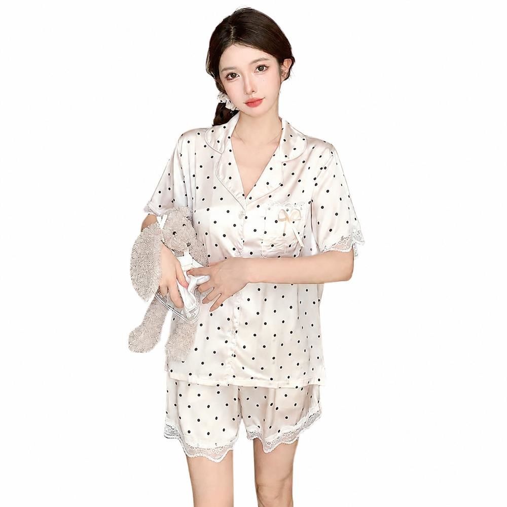 Rakuten - パジャマ レディース 半袖 ショートパンツ 上下セット ドット柄 前開き ルームウェア 可愛い レース サテン調 涼しい 部屋着 夏