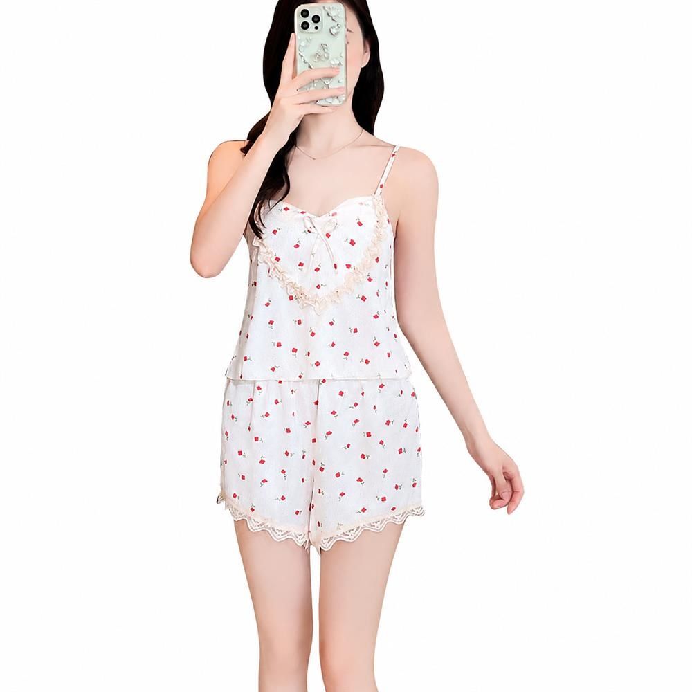 乐天商城 - パジャマ レディース ルームウェア 上下セット キャミソール ショートパンツ 花柄 レース 夏用 部屋着 寝巻き さらさら 涼しい セットアップ フリル リボン フェミニン 快適 通気性
