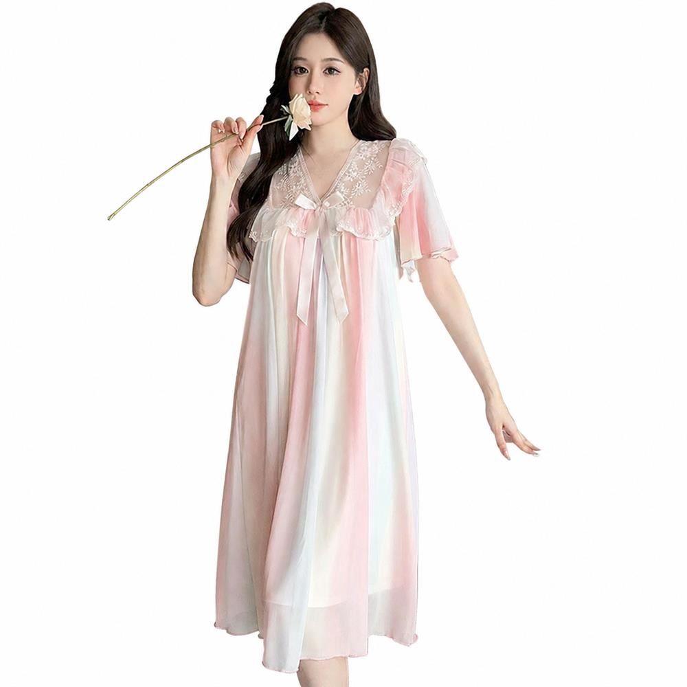 Rakuten - ネグリジェ レディース カップ付き 姫系 ルームウェア レース チュール リボン 半袖 部屋着 夏 膝丈 かわいい お姫様 ナイトウェア ミモレ丈 胸パッド付き 通気性 柔らかい 凉しい ゆったり フ