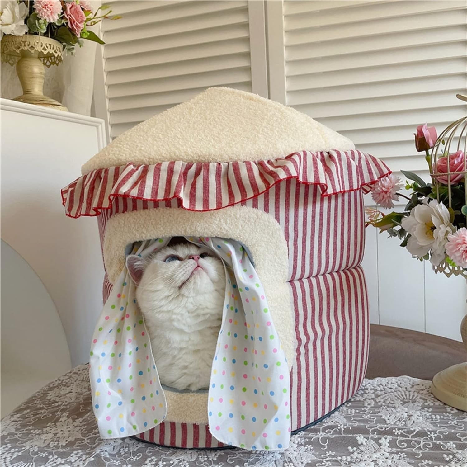 Nartoostonのペットハウス　秋冬　ドーム型　可愛い　猫ハウス　犬ハウス　2Way　折りたたみ可　室内用　ふわふわ　もこもこ　保温防寒　暖かい　テント　キャットハウス　小動物用　オールシーズン　安眠　ぐっすり眠れる　寒さ対策　洗える　綿質　ペット用品　40*40*49cm｜アングル3