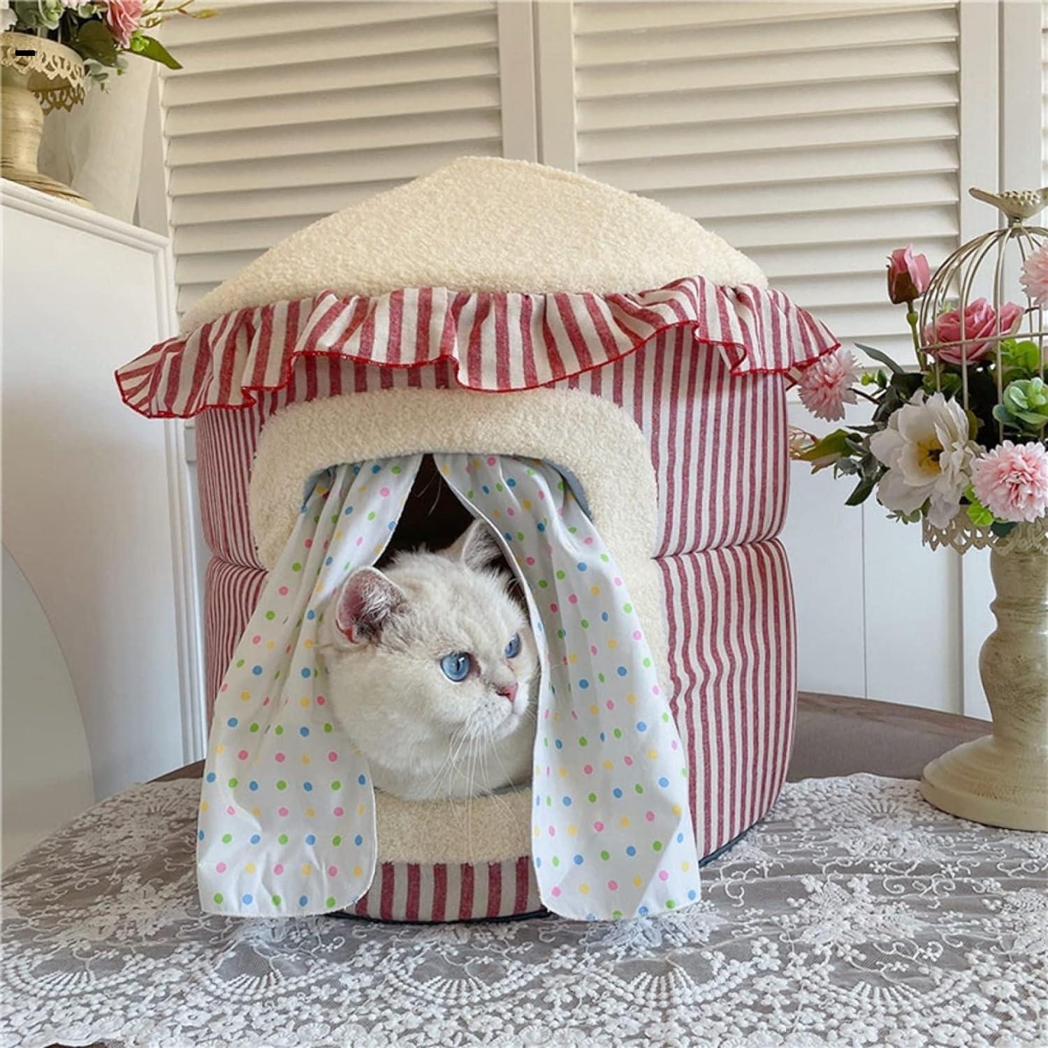 ペットハウス　秋冬　ドーム型　可愛い　猫ハウス　犬ハウス　2Way　折りたたみ可　室内用　ふわふわ　もこもこ　保温防寒　暖かい　テント　キャットハウス　小動物用　オールシーズン　安眠　ぐっすり眠れる　寒さ対策　洗える　綿質　ペット用品　40*40*49cm