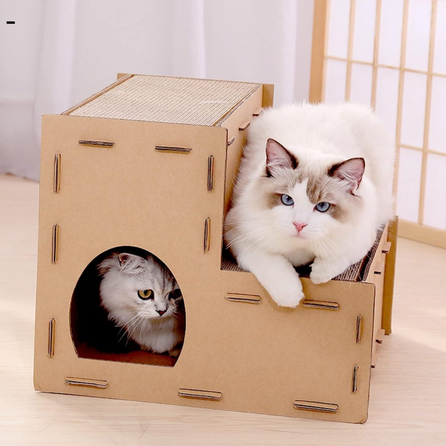 猫ハウス 段ボール 爪研ぎ キャットタワー 階段 猫用爪とぎ 猫ハウス ステップ キャットハウス 猫箱 猫ベッド 猫爪とぎボックス ネコファー 二層 組み立て式 簡単組み立て ストレス解消 通気 ペットハウス 40x39x34cm