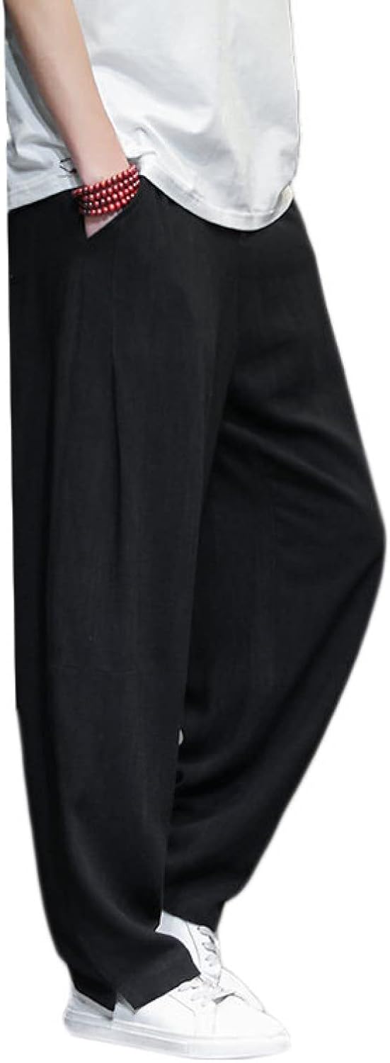 　　　 ◆◇◆売れている秘密◆◇◆ 【サイズ（cm）】M パンツ丈：95cm ウエスト：70-80cm ヒップ：106cm L パンツ丈：97cm ウエスト：73-83cm ヒップ：110cm XL パンツ丈：99cm ウエスト：76-86cm ヒップ：114cm 2XL パンツ丈：101cm ウエスト：80-93cm ヒップ：118cm 3XL パンツ丈：103cm ウエスト：86-100cm ヒップ：122cm 4XL パンツ丈：105cm ウエスト：93-107cm ヒップ：126cm 5XL パンツ丈：107cm ウエスト：100-113cm ヒップ：130cm 商品には個体差がございますので、若干のサイズ誤差は予めご了承下さい。 大人男性も着たくなる綿麻カジュアルパンツのお見え！綿混紡のやわらかな履き心地でストレスフリーで快適にすごせます。優れた通気性、発汗性を持ち、肌触りも柔らかく、着心地の良さも抜群。 サイドポケット2つ、バックポケット1つ、裾幅の広いタイプデザイン。ウエストはゴム仕様で紐付き調節できるため、体型を選ばずに着ていただけます。幅広なシルエットがワイルドで男らしい雰囲気のパンツ。 ゆったりとしたシルエットに裾に向かってやや細くなる綺麗なテーパードラインを採用。シンプルなデザインなので、上品なのに軽やかでスタイリッシュなイメージを打ち出すことができます。 普段着にはもちろん、カジュアル、ビジネス、モードにもおすすめです。 部屋着でも外出先でも軽い素材なのでさらっと着こなせ学生 ( 中学生 高校生 大学生 ) から大人の社会人まで幅広く着用出来ます。 　　　◆◇◆注意事項◆◇◆ご覧のモニターの環境、撮影環境により実物と色味が異なって見える場合がございます。湿った状態で他のものと擦り合わせると色が移る恐れがあります。濃色品の洗濯時は、白色、淡色と分けて洗ってください。説明 -