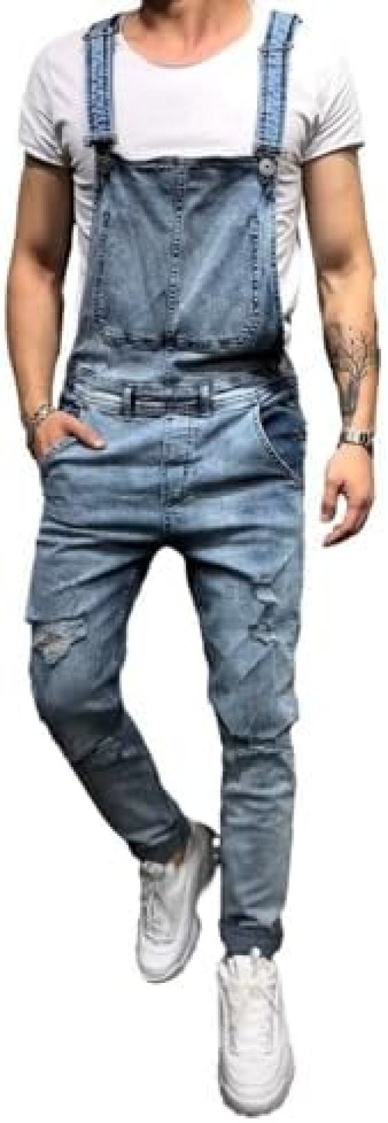 デニム サロペットパンツ メンズ ダメージジーンズ つなぎ カッコイイ ロング丈 カジュアル ストレッチ オールインワン オーバーオール 大きいサイズ 体型カバー ワークパンツ 長ズボン 春夏秋
