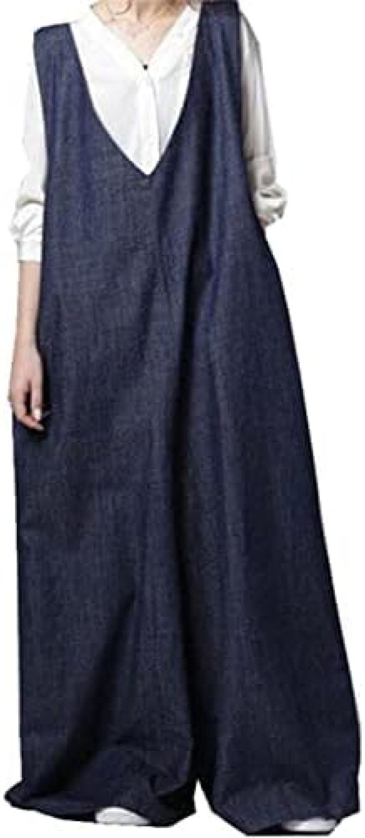 デニムサロペット オールインワン レディース オーバーオール ロングパンツ ワイドパンツ 長ズボン ガウチョパンツ ボトムズ 夏服 vネック 後ろリボン ノースリーブ マキシ丈 カジュアル 夏 可愛い