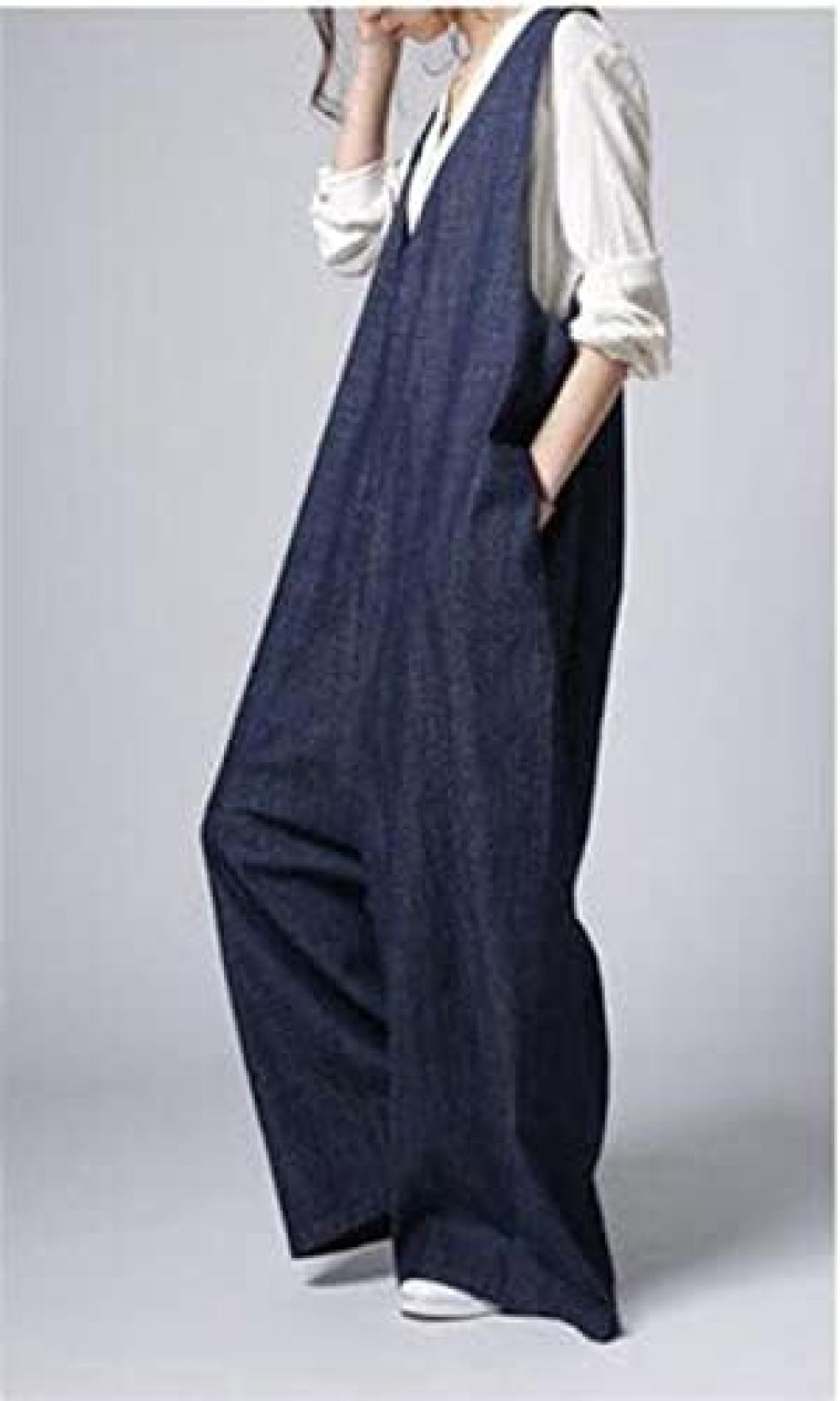 Nartoostonのデニムサロペット オールインワン レディース オーバーオール ロングパンツ ワイドパンツ 長ズボン ガウチョパンツ ボトムズ 夏服 vネック 後ろリボン ノースリーブ マキシ丈 カジュアル 夏 可愛い｜アングル2