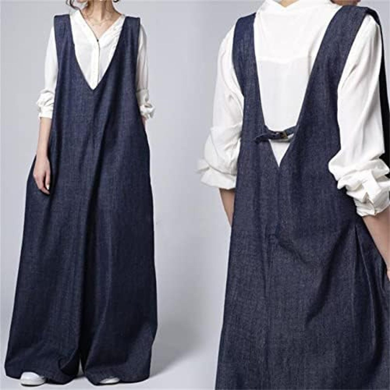 Nartoostonのデニムサロペット オールインワン レディース オーバーオール ロングパンツ ワイドパンツ 長ズボン ガウチョパンツ ボトムズ 夏服 vネック 後ろリボン ノースリーブ マキシ丈 カジュアル 夏 可愛い｜アングル3