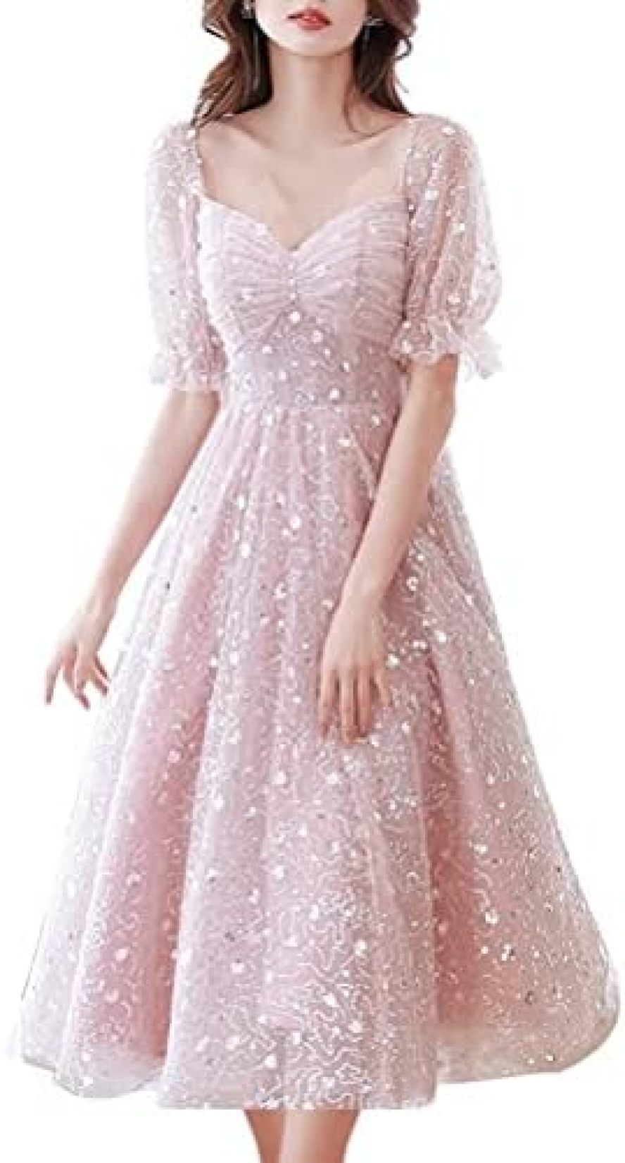 レディース ドレス パーティードレス イブニングドレス ワンピース ミドル丈ドレス チュールワンピース 演奏会ドレス 卒業式ドレス エレガント フォーマル Vネック スパンコール 発表会 卒業式 演奏
