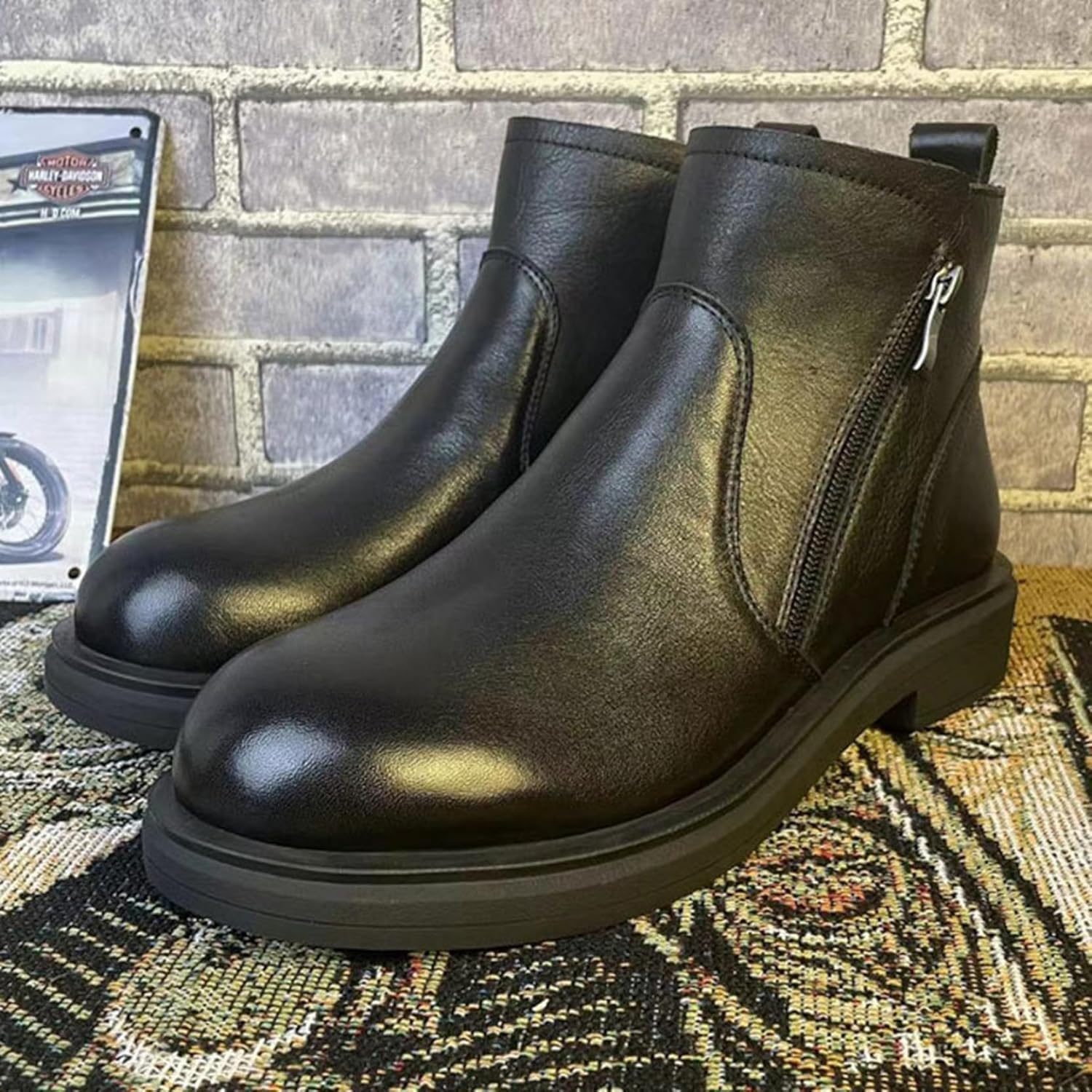 ショートブーツ レザー ローヒール4cm メンズブーツ バイクブーツ 本革 サイドジッ...