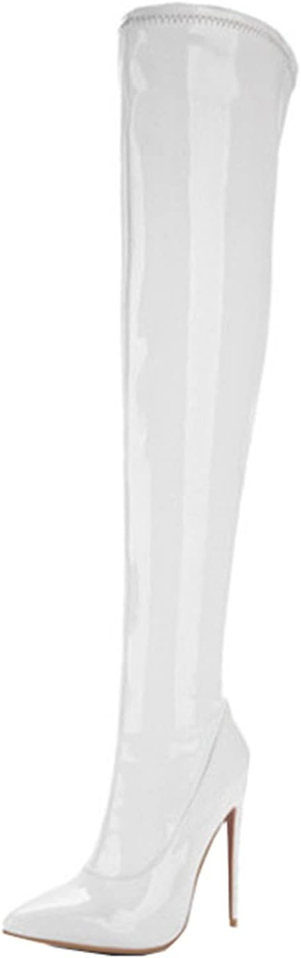 　　　 ◆◇◆売れている秘密◆◇◆ ヒール高さ：ピンヒール約12cm。 今年も大人気間違い無しのニーハイブーツが初登場！ 脚長?美脚効果はもちろん、肌のチラ見せで女子力UPの効果も抜群！ 大人っぽく見せるならやっぱりとんがりトゥのつま先から、綺麗なシルエットで履くだけで女度UP！シンプルな定番的デザインでトレンドに左右されないレディースブーツ。 表面は光沢のあるエナメルの黒色ですので、とってもセクシーで、足のラインがとても綺麗に見えますよ！ 長時間の歩行も快適、通勤、お出かけ、ビジネスなどで、歩く事の多いお客様にオススメの靴を取り揃えております！ 　　　◆◇◆注意事項◆◇◆ご覧のモニターの環境、撮影環境により実物と色味が異なって見える場合がございます。湿った状態で他のものと擦り合わせると色が移る恐れがあります。濃色品の洗濯時は、白色、淡色と分けて洗ってください。説明 ご愛顧いただきありがとうございます！うちの商品をご覧になる際に、以下のことを説明させていただきます。「商品紹介」★表地：PU。★ヒール高さ：ピンヒール約12cm。★「靴底の素材」ゴム製。ソールは滑り止めの波をデザインしています。水を濡れた地面に歩いても大丈夫です。「商品特徴」?~裏の採用は肌の生地にキスして、あなたを連れるのが極致を体験する柔軟です。?~安定感があり、歩きやすいのも嬉しいポイントで、秋冬を快適に履きやすいことができます。?~履き口のサイドに伸縮性のある仕様が入ったデザインで脱ぎ履きやすいのがポイント。?~筒が足に綺麗に沿ってくれるので、長時間履いていてもずり落ちにくく、ストレスフリーな履き心地。?~非常に柔軟な素材を採用しして、疲れた足ために持続的なマシュマロ風の快適さを提供し、筋肉疲労を軽減します。?~通勤 通学 事務所 ストリート パーティー ショピング オフィス 旅行 トラベル プレゼント デート お出かけ 普段使いからライブ、コスプレまで「ご注意ください」★厚手の靴下を履くと、あるいは、足の幅が広いのお客様より、1サイズ上をお勧めになります。★実際の製品の色は、色収差や撮影光の状態をモニターするためにここに表示されている画像とは多少異なる場合があります。★靴は接着剤、靴磨き、または輸送中に完全に密閉されているために、少数の商品は匂いがするかもしれません。数日間は換気の良い場所に置いて、臭いは消えます。