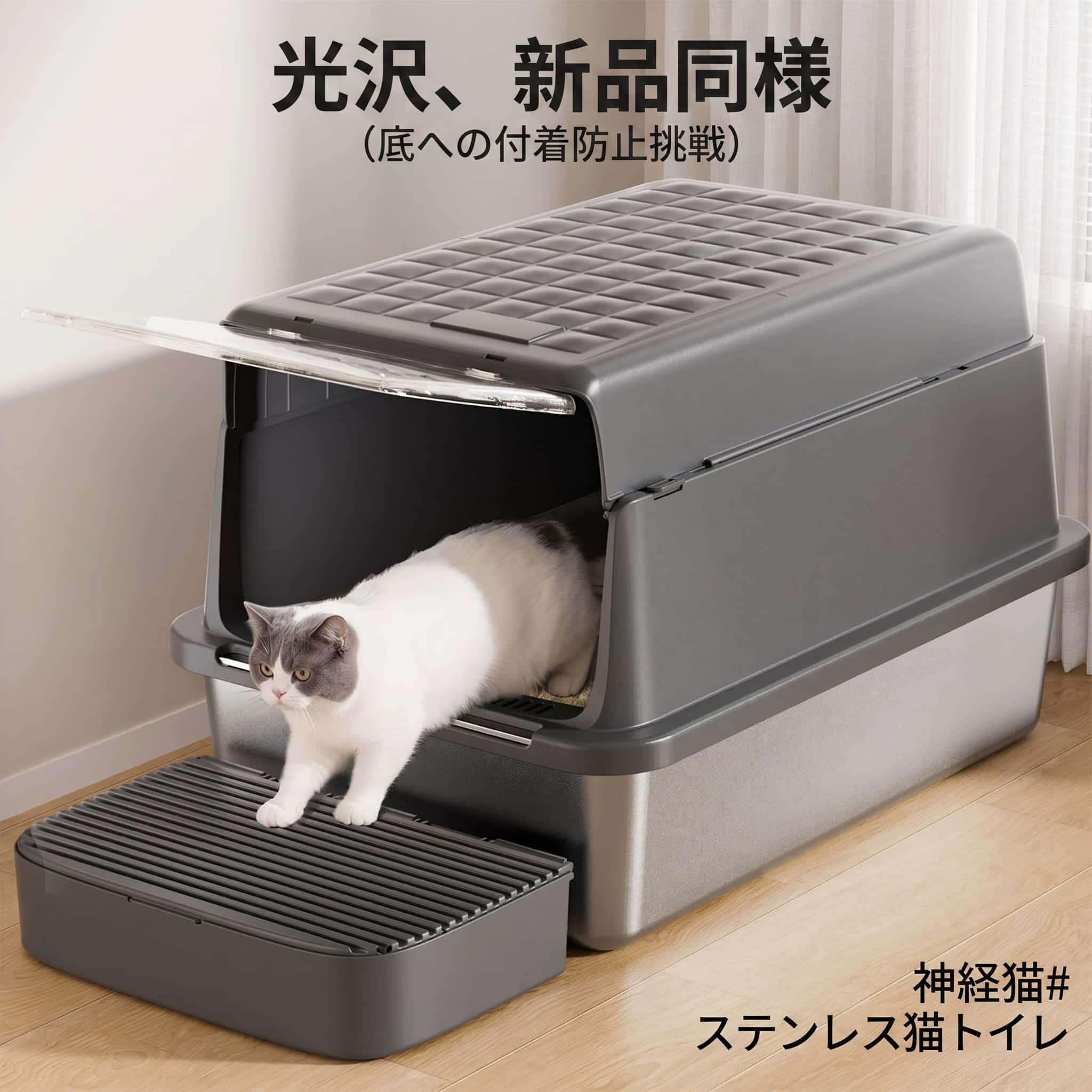 【10％OFFクーポンあり】猫トイレ 大型 多頭飼い ステンレス製 フード付き 飛び散...