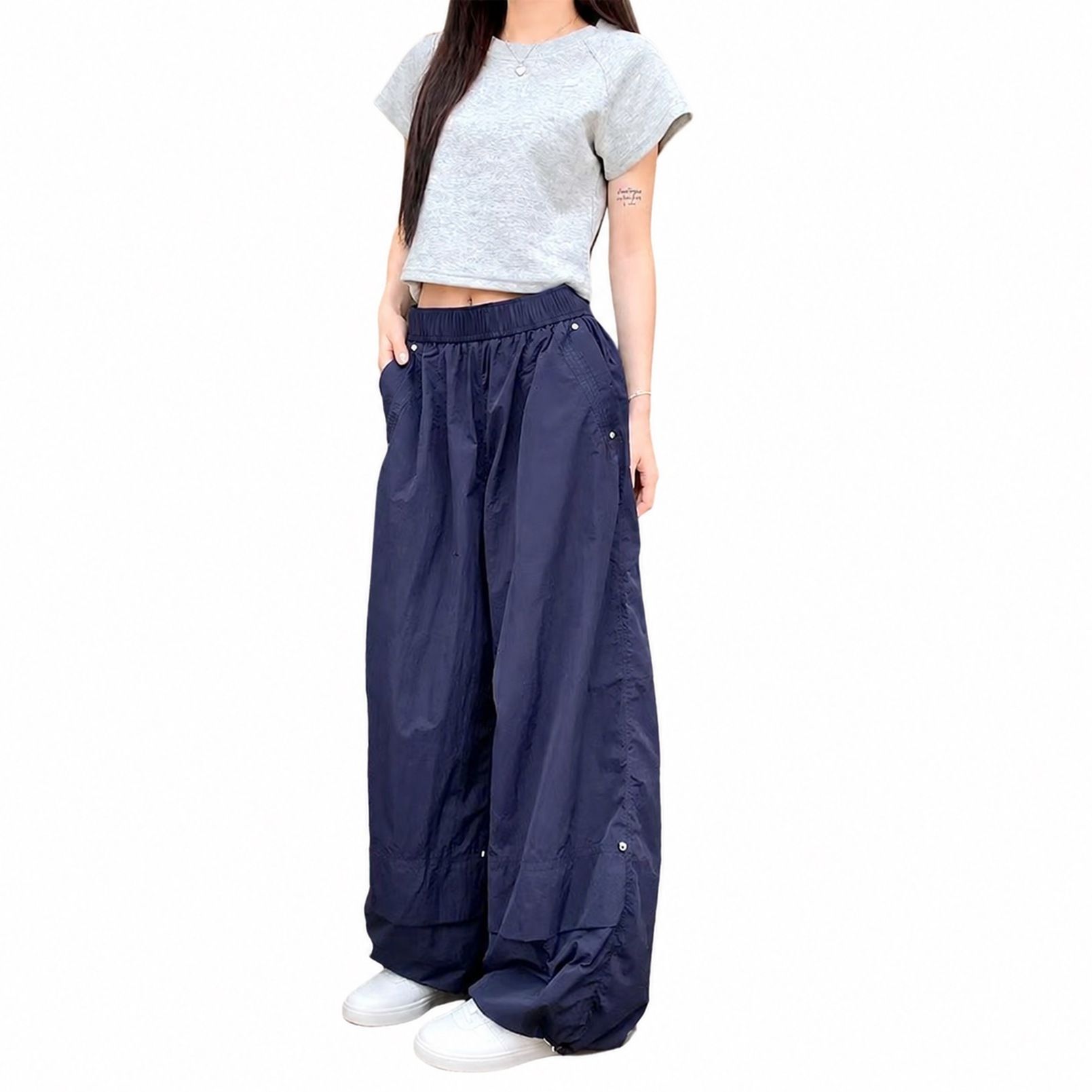 カーゴパンツ レディース 夏 薄手 ワイドパンツ パラシュートパンツ ワークパンツ 裾ドロスト ゆったり 体型カバー ハイウエスト ウエストゴム comsys-r-10053821 Nartooston パッケージ画像