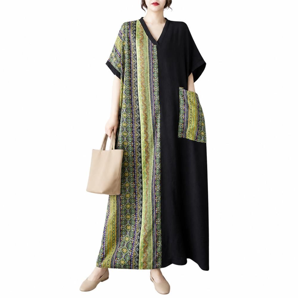 ワンピース ロング丈 レディース 半袖 Vネック ゆったり 体型カバー マキシワンピース エスニック柄 切り替え ポケッ…