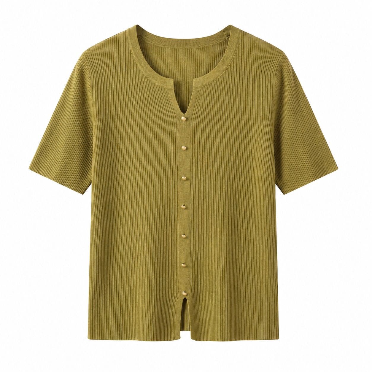サマーニット レディース 半袖 キーネック リブニット トップス 飾りボタン カットソー Tシャツ テンセル レーヨン 涼しい 薄手 きれいめ 上品 着痩せ 体型カバー カジュアル オフィス 通勤 春 comsys-r-10052868 Nartooston パッケージ画像