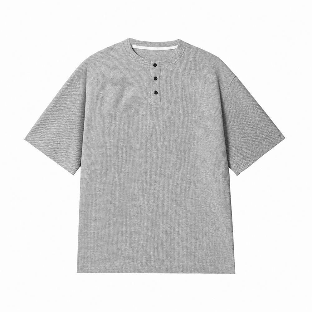 ヘンリーネック Tシャツ メンズ 半袖 ワッフル生地 オーバーサイズ ゆったり カットソー アメカジ ストリート サラサラ 通気性 カジュアル プルオーバー ボタン付き
