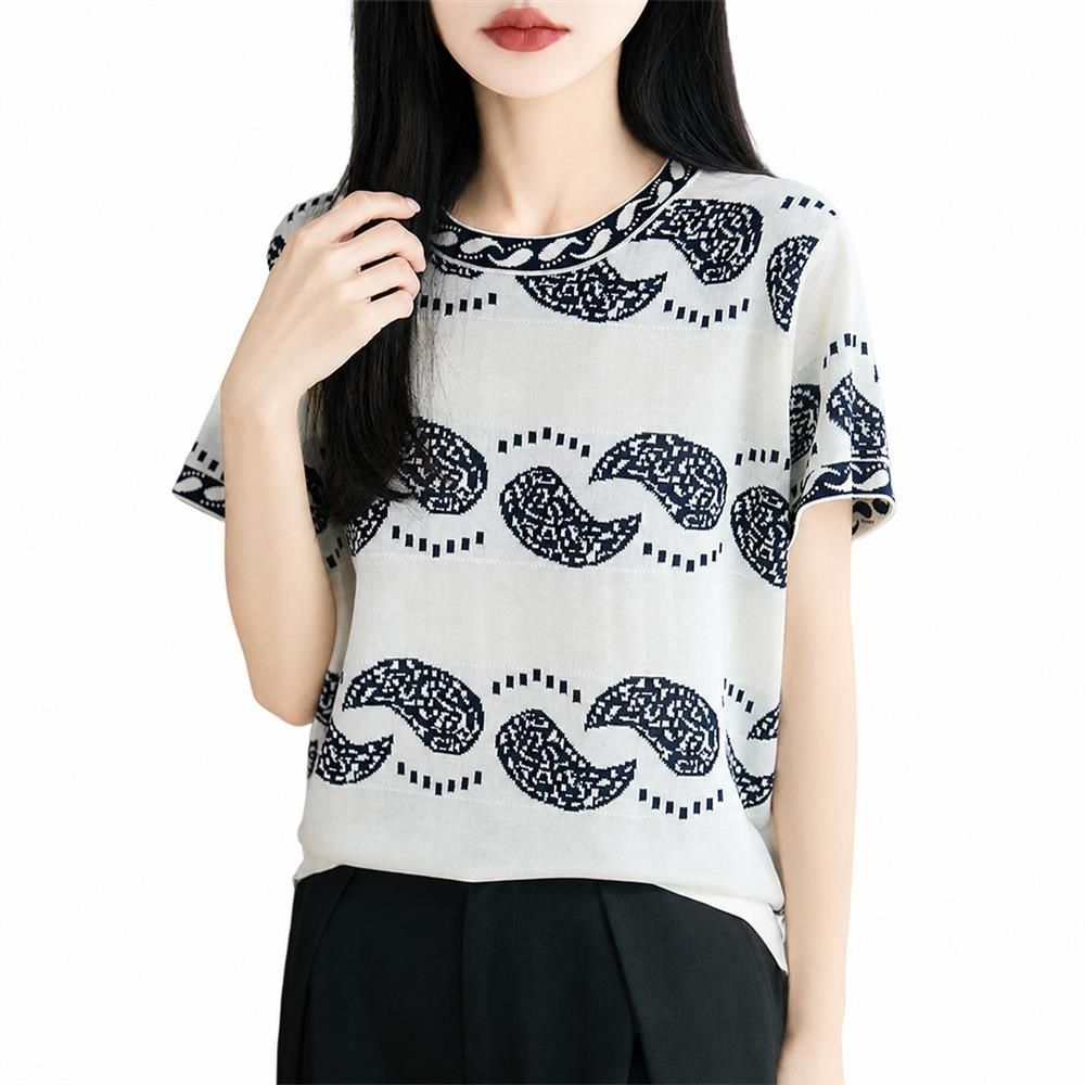 サマーニット レディース 半袖 Tシャツ テンセル シルクタッチ ジャガード ペイズリー柄 クルーネック トップス きれいめ 上品 薄手 体型カバー 春 夏