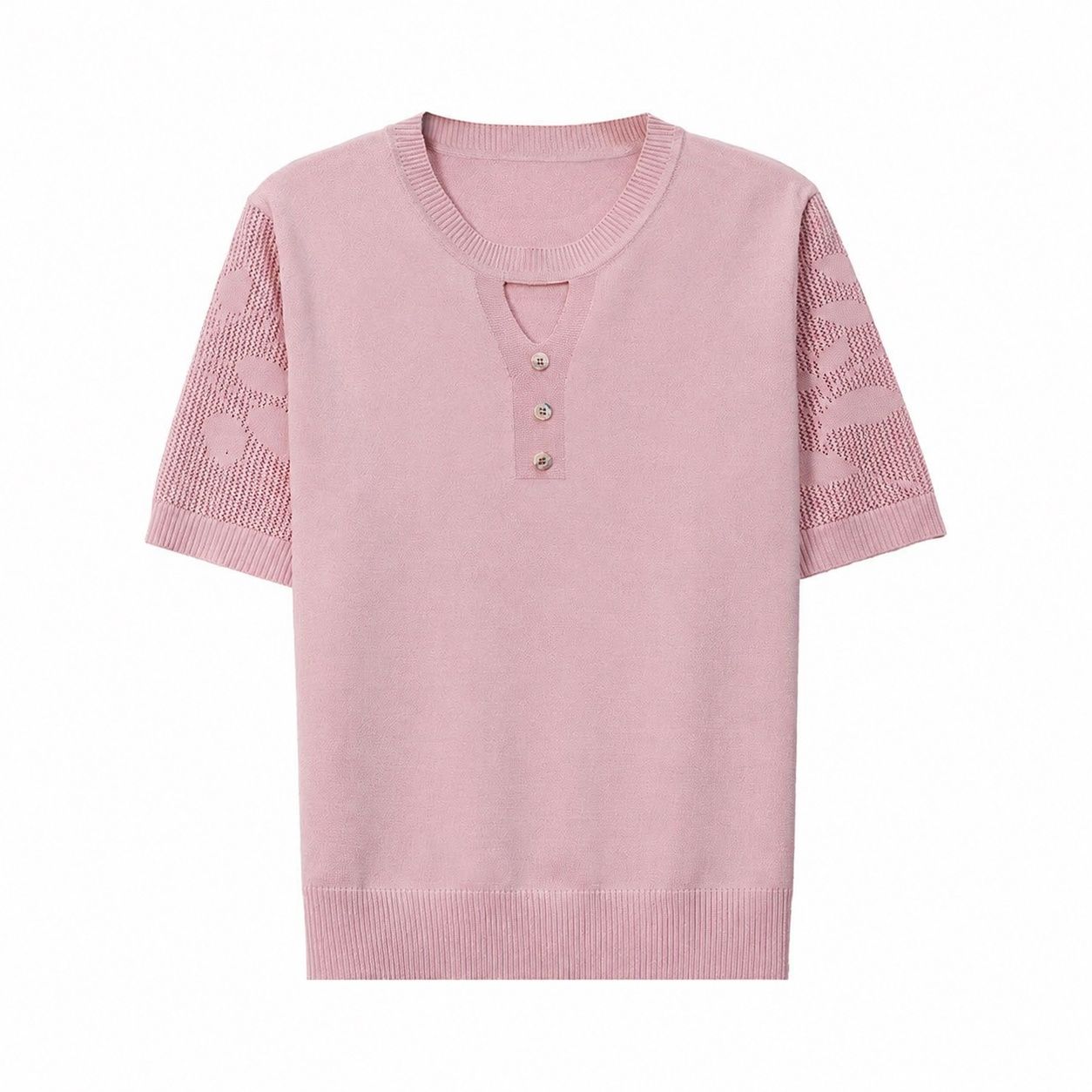 サマーニット レディース 半袖 Tシャツ キーネック カットアウト 透かし編みスリーブ プルオーバー トップス カジュアル フェミニン きれいめ さらさら 涼しい 接触冷感 通気性 上品 オフィス 通