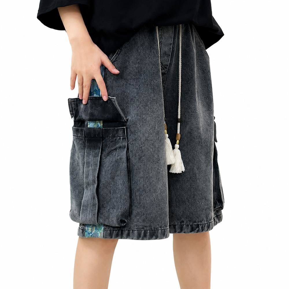 デニムハーフパンツ メンズ カーゴパンツ ショートパンツ ワイド ジーパン 五分丈 調整紐 ウエストゴム 大きいサイズ ゆったり ワークパンツ アメカジ ストリート カジュアル レトロ ヴィンテージ風