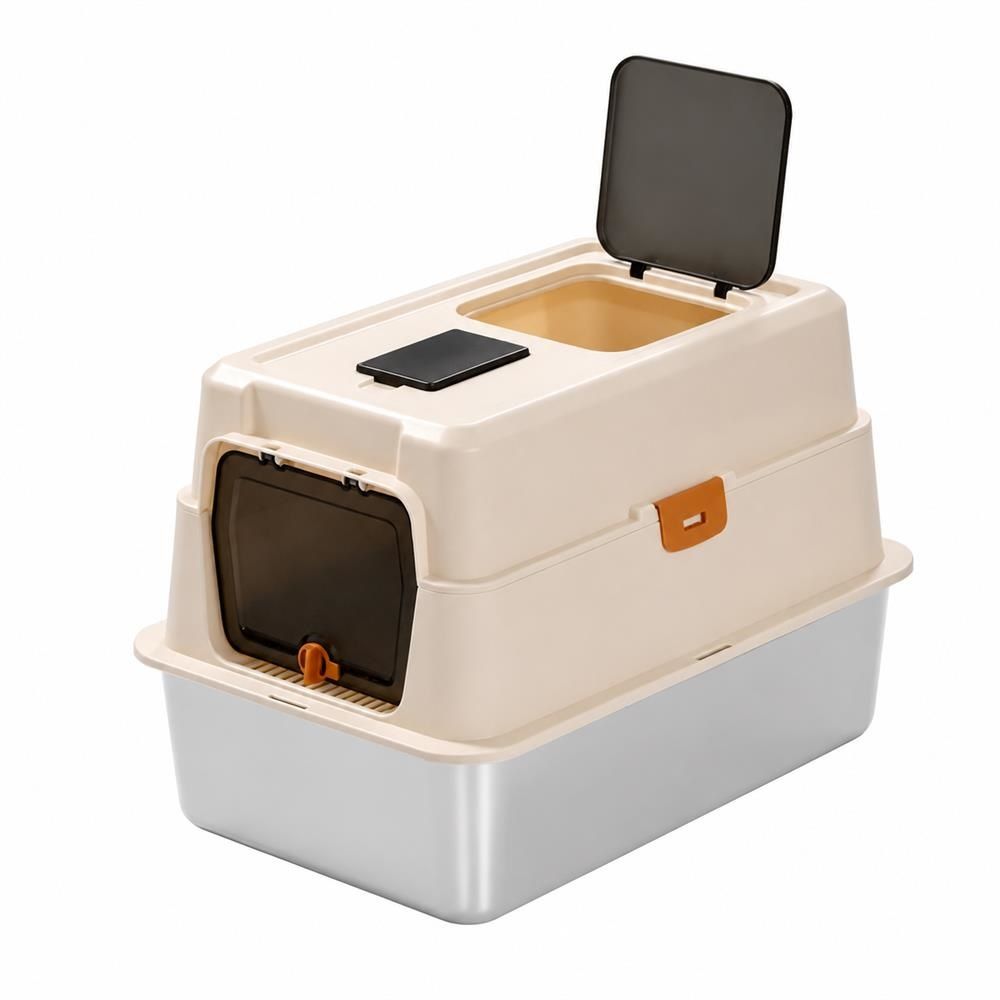 猫トイレ ステンレス製 ドーム型 フード付き 猫用トイレ本体 飛び散り防止 防臭 2WAY出入り 上から入る 大容量 ゆったりサイズ 分解して丸洗い可能 大型猫 多頭飼い お手入れ簡単 砂が飛び散らな