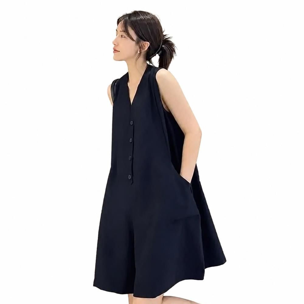 サロペット オールインワン レディース Vネック ノースリーブ 前ボタン ハーフパンツ Aライン ゆったり 体型カバー 着痩せ カジュアル 夏