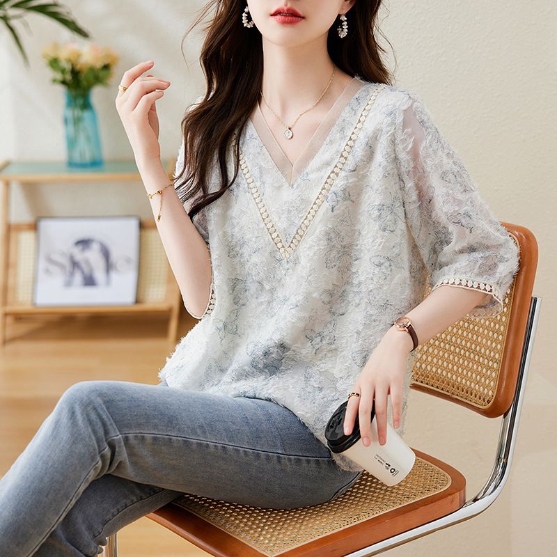 シフォン ブラウス レディース 半袖 カットジャガード vネック プルオーバー レース切り替え 七分袖 ゆったり 体型カバー カジュアル 大きいサイズ とろみ トップス 夏 オフィス comsys-r-10062625 Nartooston サンプル画像2