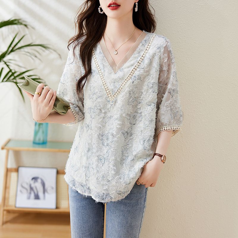 シフォン ブラウス レディース 半袖 カットジャガード vネック プルオーバー レース切り替え 七分袖 ゆったり 体型カバー カジュアル 大きいサイズ とろみ トップス 夏 オフィス comsys-r-10062625 Nartooston サンプル画像3