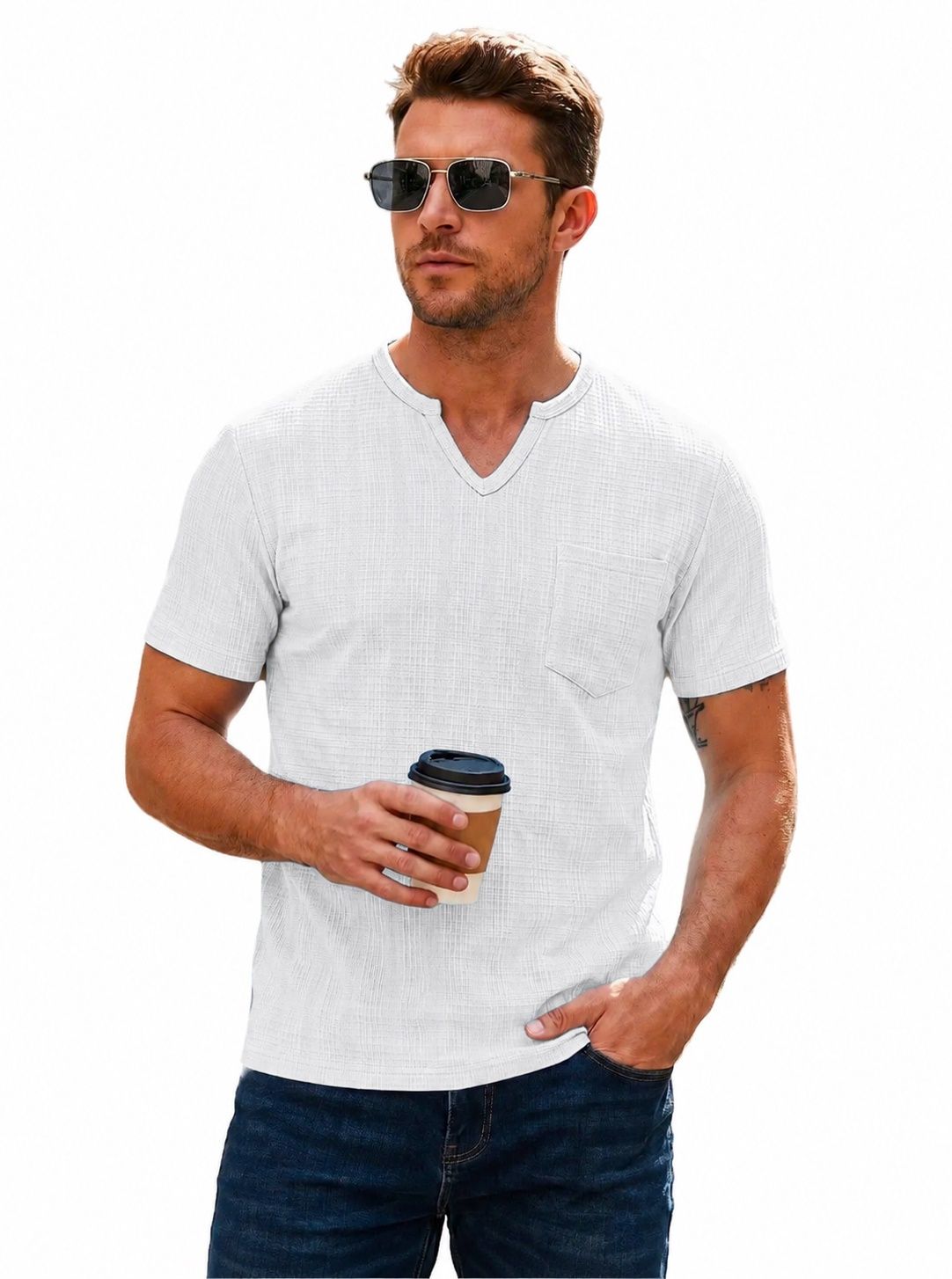 ヘンリーネック Tシャツ メンズ 半袖 キーネック カットソー ワッフル調 綿麻風…