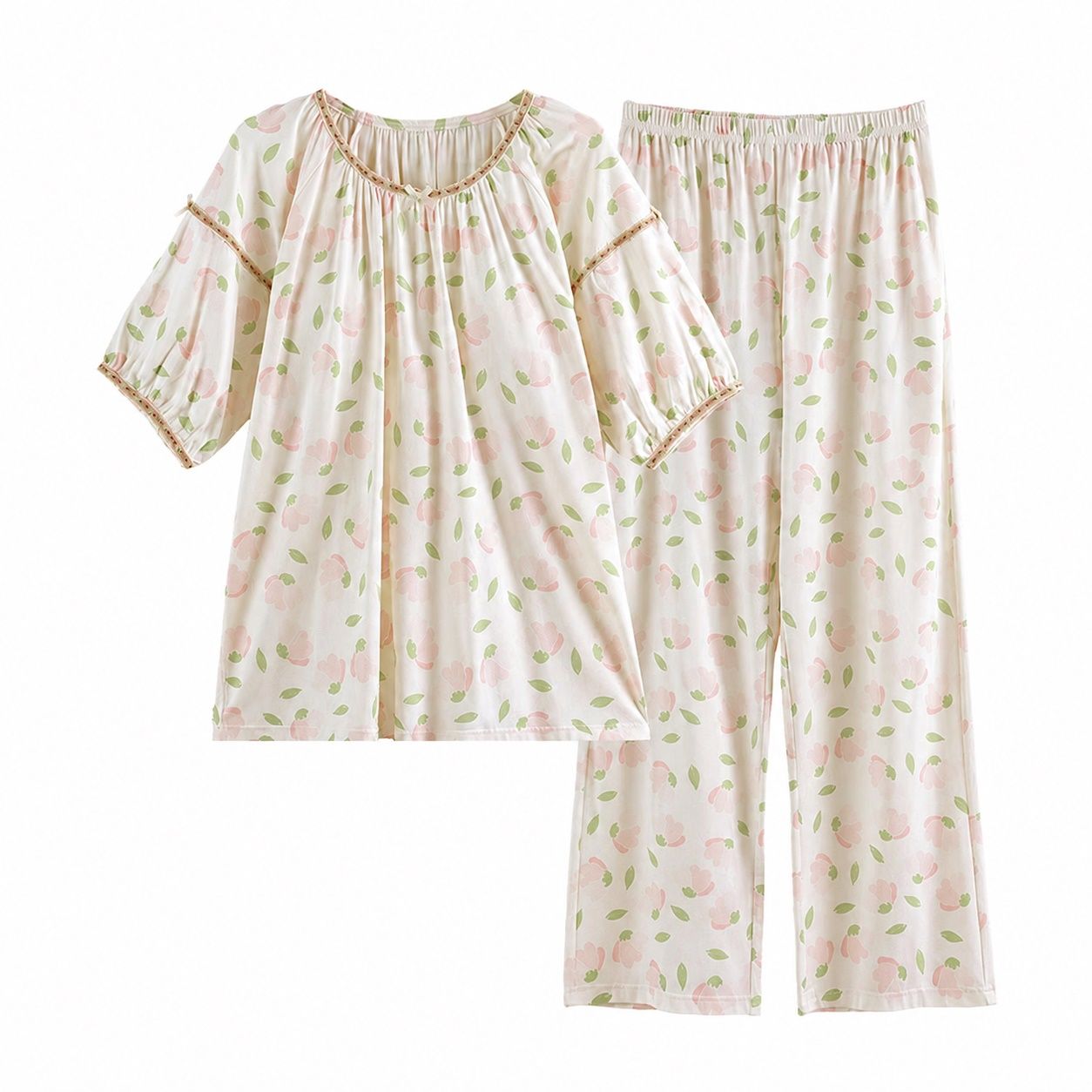 　　　 ◆◇◆売れている秘密◆◇◆ 【華やかな北欧風デザイン】優しい色合いのボタニカル柄がお部屋時間を彩るレディースパジャマです。フェミニンで上品な総柄デザインと、デコルテを美しく見せる上品な丸首仕様で、急な来客やゴミ出しにもそのまま対応できるおしゃれなルームウェア上下セットに仕上げました。 【カップ付きでストレスフリー】ブラジャーなしでも透けやひびきが気にならない一体型カップ付きパジャマです。内側のカップがバストを優しくホールドし、ズレにくく快適な着用感を実現します。締め付け感から解放され、お家でのリラックスタイムをより快適にサポートします。 【ひんやり極上の肌触り】とろみのあるモダール素材を採用した接触冷感ルームウェアです。シルクのような滑らかな質感と優れた通気性で、汗ばむ季節でも蒸れにくく涼しい着心地をキープします。伸縮性にも優れており、就寝時の寝返りもスムーズに行えます。 【高い耐久性＆イージーケア】毎日の着用に嬉しい洗濯機対応の夏用寝巻きです。な柔らか素材は、繰り返しの洗濯でも型崩れしにくく、毛玉ができにくい仕様です。速乾性にも優れているため、汗をかきやすい季節でも毎日清潔に洗い替えいただけます。 【ギフトにも最適なサイズ感】幅広い体型に優しくフィットするゆったり設計の半袖パジャマです。ご自身へのご褒美にはもちろん、母の日や誕生日、お祝いのプレゼントとしても大変喜ばれる上品な一着です。リラックスできる部屋着としてオールシーズン活躍します。 　　　◆◇◆注意事項◆◇◆ご覧のモニターの環境、撮影環境により実物と色味が異なって見える場合がございます。湿った状態で他のものと擦り合わせると色が移る恐れがあります。濃色品の洗濯時は、白色、淡色と分けて洗ってください。説明 【上品な花柄デザイン】女性らしさを引き立てる優しい花柄パジャマは、滑らかでとろみのある肌触りが特徴のレディースルームウェアです。上品なドレープ感が体型を美しくカバーし、お家でのリラックスタイムをより華やかに彩ります。お洒落な部屋着セットアップとして、目で見ても肌で触れても癒される一着です。 【便利なカップ付き仕様】ブラジャーなしで1枚でリラックスできるカップ付きパジャマです。内蔵された固定カップがズレにくく、バストの形をきれいにキープしながら透けやラインの響きを防ぎます。急な来客やゴミ出しにも慌てず対応できる、快適で実用的なレディースパジャマ半袖セットです。 【涼感との通気性】蒸し暑い夏でも快適に過ごせる接触冷感パジャマです。吸湿性と通気性に優れたモダールパジャマ生地を使用しており、汗をかいてもベタつかず、さらりとした涼しい着心地が持続します。夏の熱帯夜でも良質な睡眠環境をサポートする、涼感溢れるパジャマレディース夏用です。 【型崩れしにくく長持ち】丁寧な縫製と伸縮性に優れた素材を採用したルームウェア上下セットです。洗濯機で簡単に丸洗いでき、シワになりにくくお手入れも簡単です。何度も洗濯しても柔らかい風合いと美しい形を損なわないため、デイリーユースのレディースパジャマとして長くご愛用いただけます。 【外でも着られるワンマイルウェア】ゆったりとしたシルエットで締め付け感がなく、お部屋でのリラックスタイムはもちろん、ちょっとした外出にも使える便利なワンマイルウェアです。上品なデザインと機能性を兼ね備えており、母の日や誕生日など、大切な方へのプレゼントやギフトとしても喜ばれます。