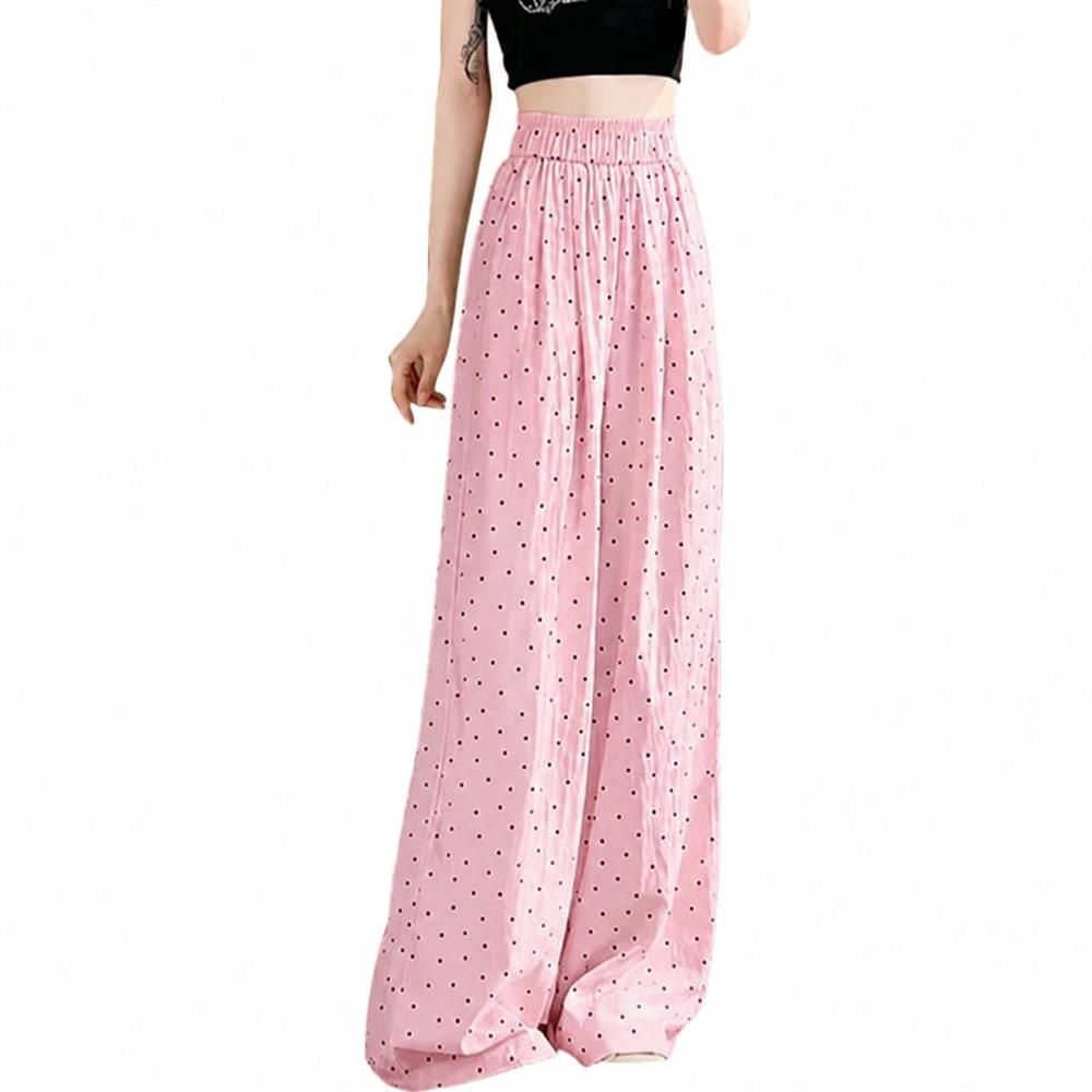 ワイドパンツ レディース ドット柄 水玉 ロングパンツ ハイウエスト ウエストゴム 接触冷感 イージーパンツ 涼しい 薄手 体型カバー 春 夏