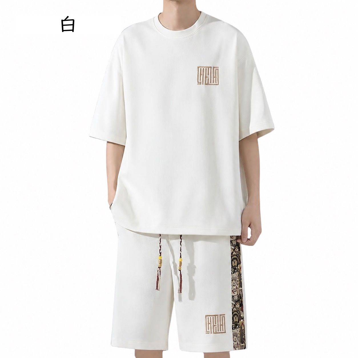 Nartoostonのセットアップ メンズ 夏服 半袖 tシャツ ハーフパンツ 上下セット ワッフル 刺繍 レトロ 切り替え ゆったり 丸首 ショートパンツ スポーツ ルームウェア 部屋着 カジュアル おしゃれ 大きいサイ｜アングル3
