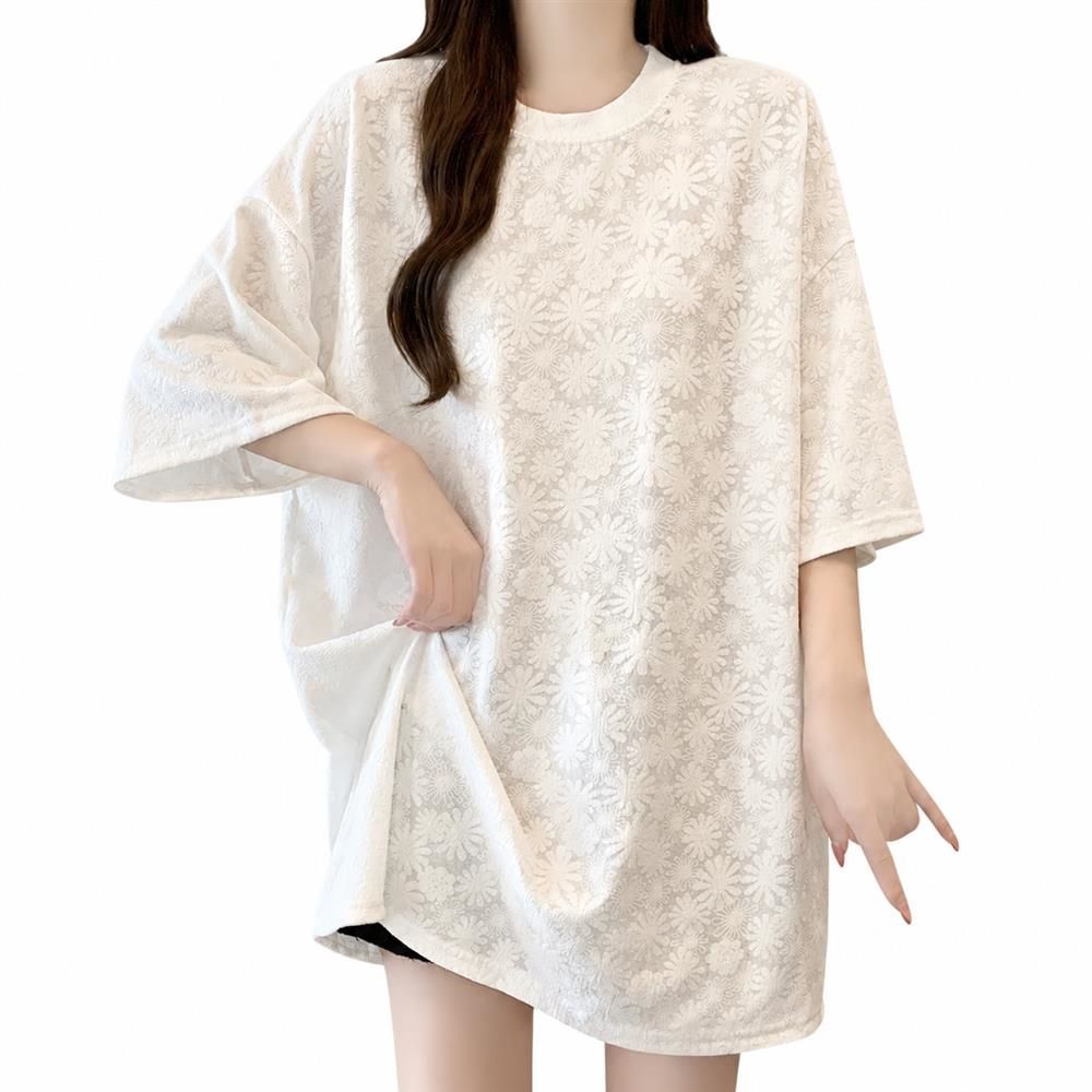 シャツ レディース 半袖 チュニック トップス パール付き ジャガード カットソー クルーネック 五分袖 オーバーサイズ 大きいサイズ 体型カバー 着痩せ カジュアル きれいめ 大人 可愛い おしゃれ