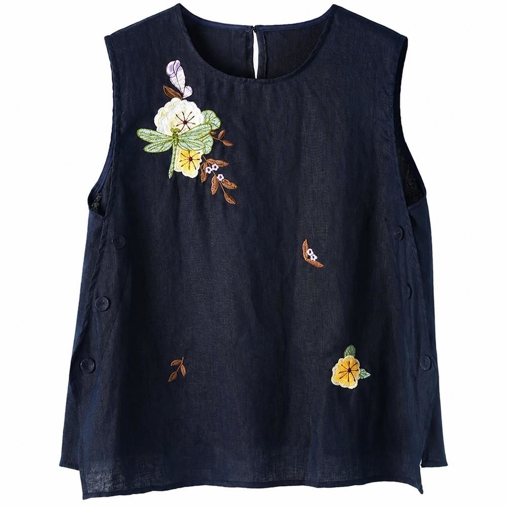 ベスト レディース ノースリーブ チャイナ風 トップス 綿麻 刺繍 ブラウス 花柄 タンクトップ 夏 丸首 ゆったり 体型カバー アジアン レトロ