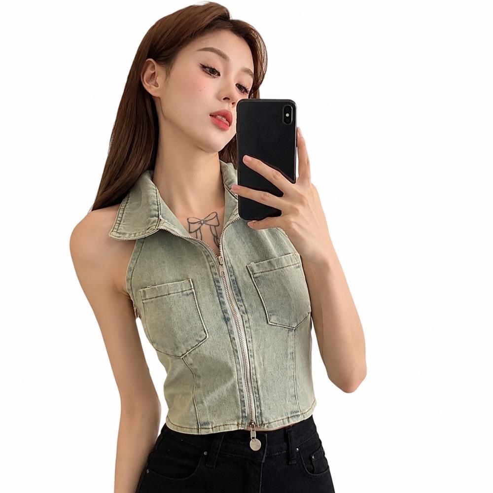デニムベスト レディース 襟付き フロントジップ ホルターネック ショート丈 トップス バックオープン ビスチェ セクシー 着痩せ 夏
