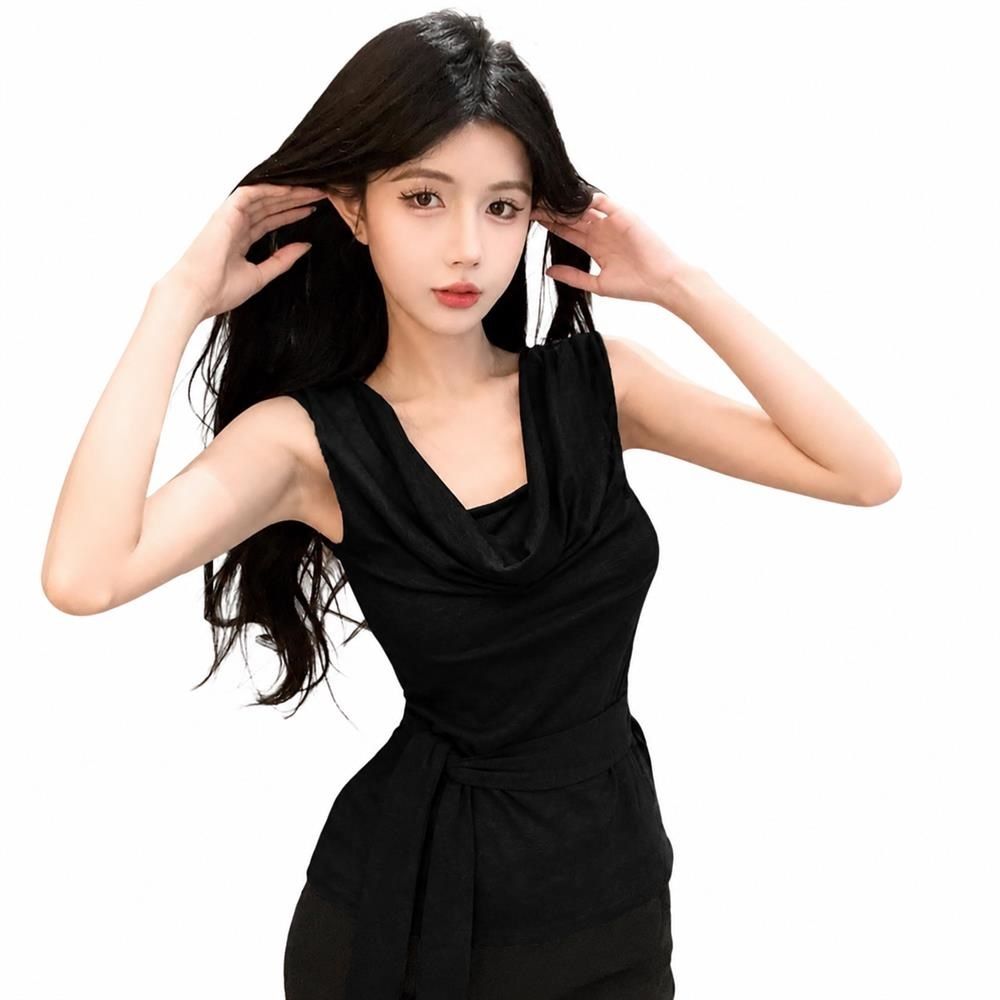 ノースリーブ レディース タンクトップ ドレープネック 重ね着風 トップス カットソー きれいめ セクシー 大人カジュアル タイト ウエストマーク リボン 柔らかい とろみ インナー 体型カバー 着痩