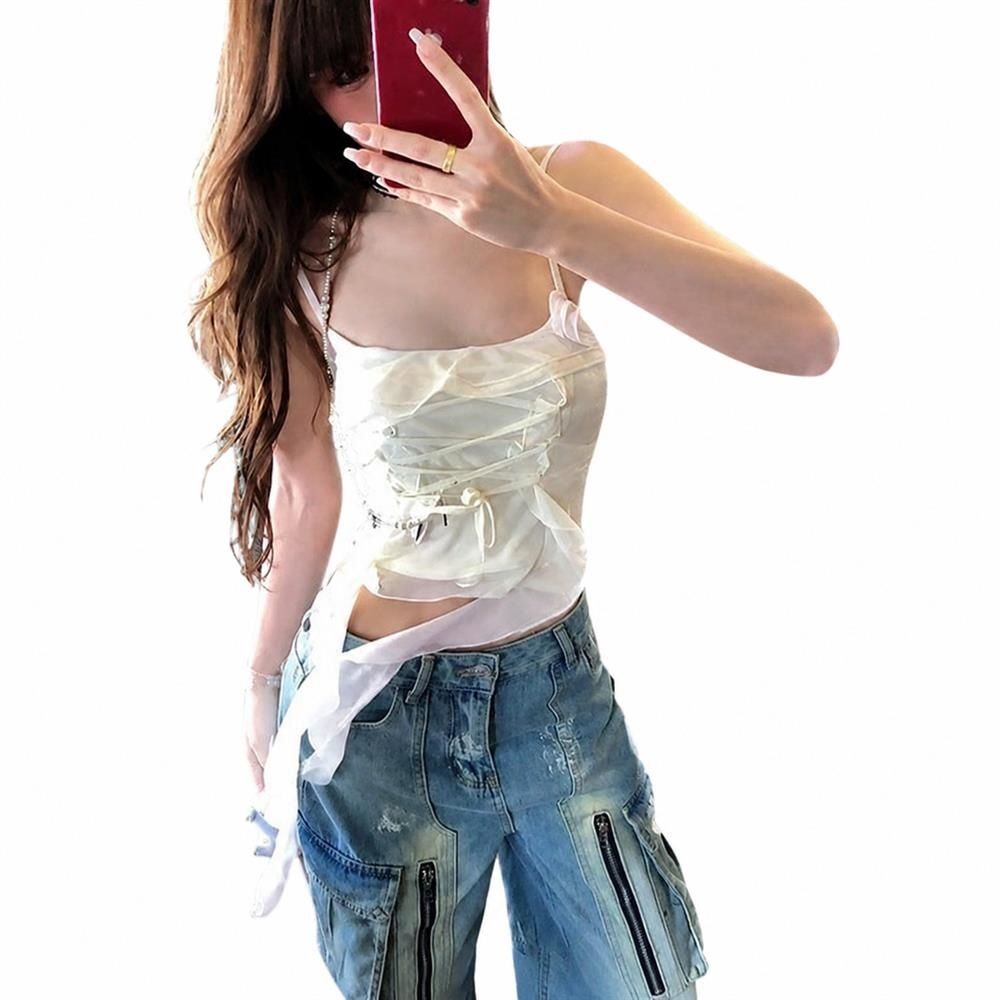 キャミソール レディース ビスチェ コサージュ付き ショート丈 フリル トップス アシンメトリー シアー インナー 重ね着 セクシー 胸元ギャザー