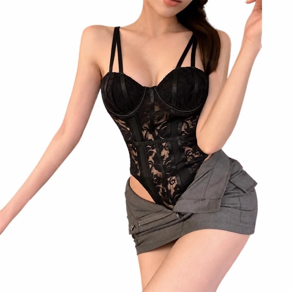 ボディスーツ カップ付き レース キャミソール セクシー インナー ビスチェ コルセット風 シースルー トップス レディース 背中開き 透け感 重ね着 キャバ ドレス用 ルームウェア