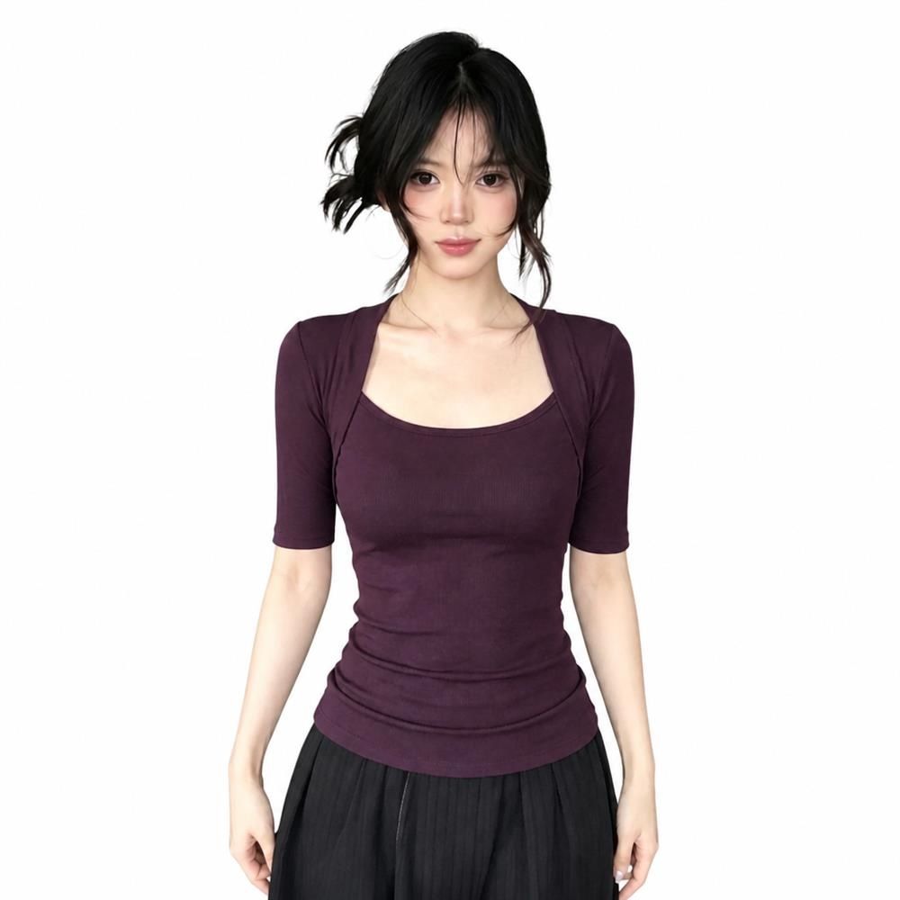 レディース カットソー 半袖 スクエアネック Tシャツ リブ タイト トップス 重ね着風 フェイクレイヤード 五分袖 スリム フィット 着痩せ 細見え 無地 カジュアル セクシー インナー 春 夏 秋